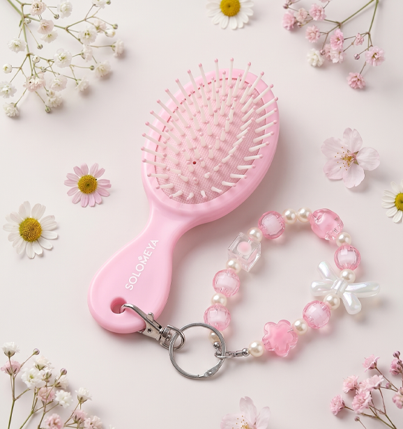 Массажная мини-расческа с подвеской Solomeya Mini Hair Brush With Keychain, Розовая
